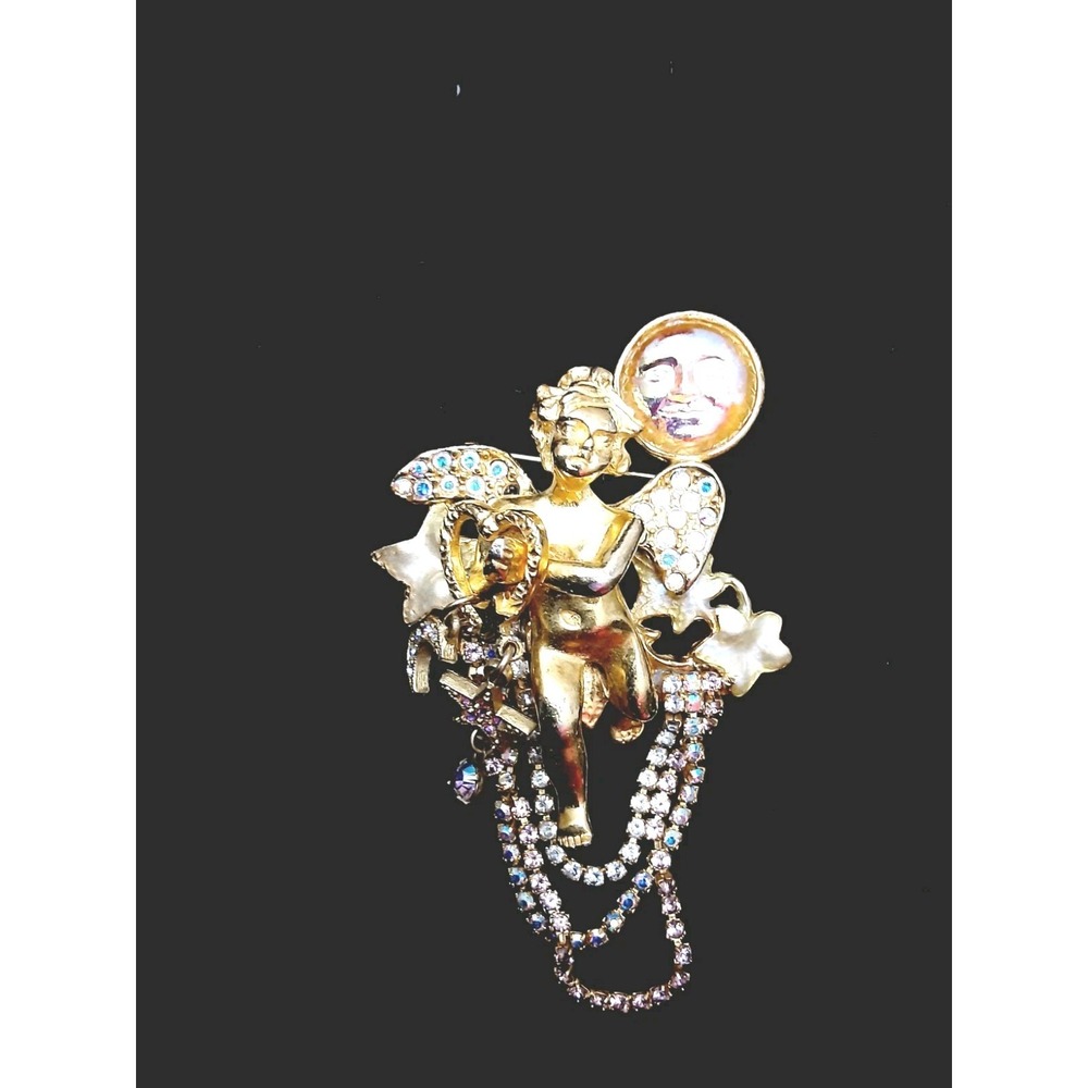 Kirks Folly Brooch Pin Seaview Angel Moon Cupid Cherub Rhinestones Gold Tone Vtg